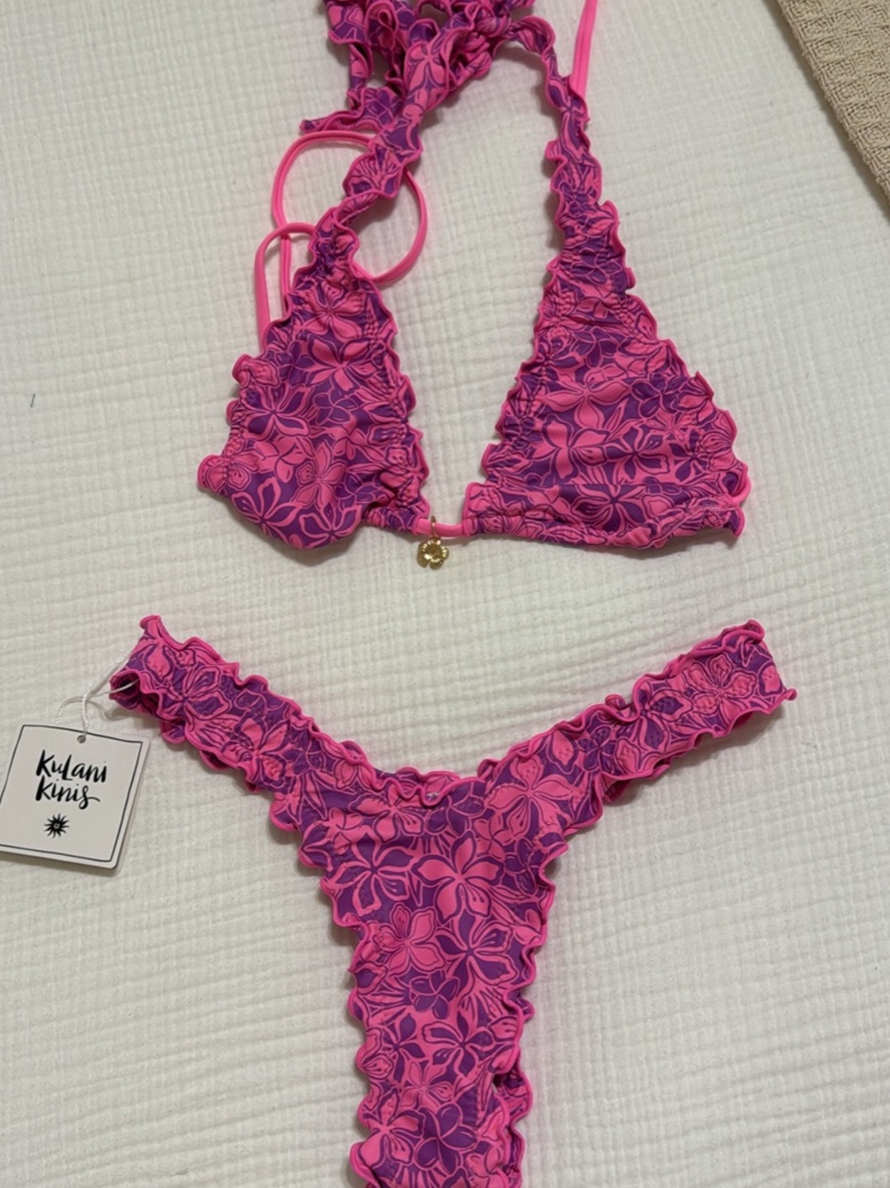 NWT - Kulani Kinis Hot Pink Floral Ruffle Halter Bikini Top and Bottom set